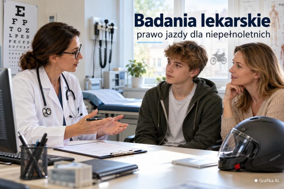 Niepełnoletni kandydat na kierowcę z rodzicem podczas badania lekarskiego