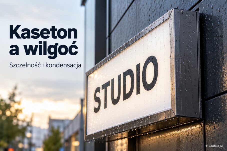 Kaseton reklamowy STUDIO na elewacji po deszczu – grafika AI