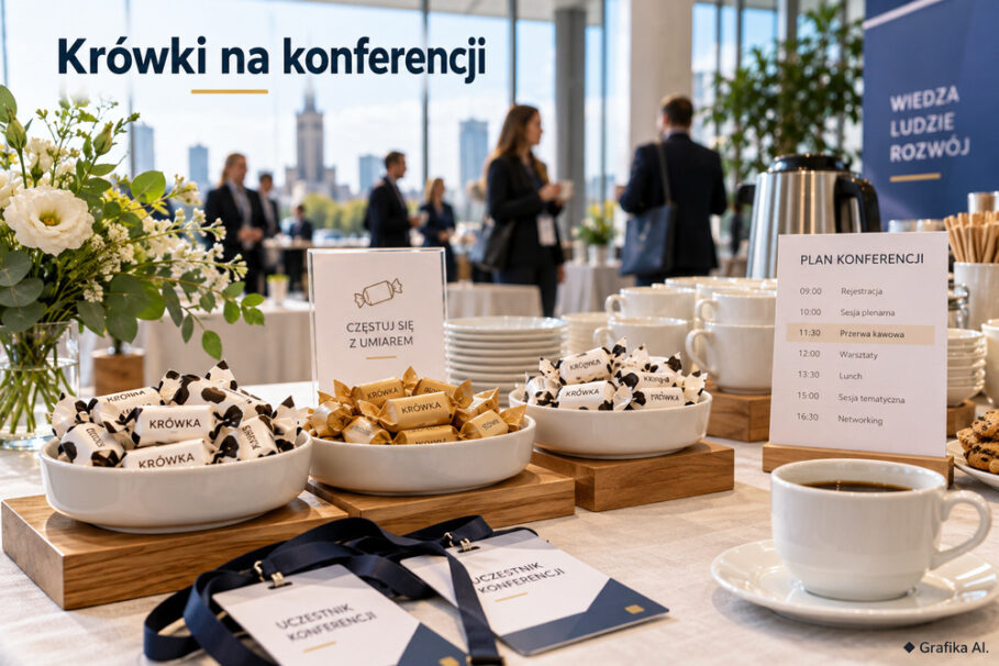 Ilustracja AI: krówki w niewielkich misach na konferencyjnym stole kawowym, obok planu wydarzenia.