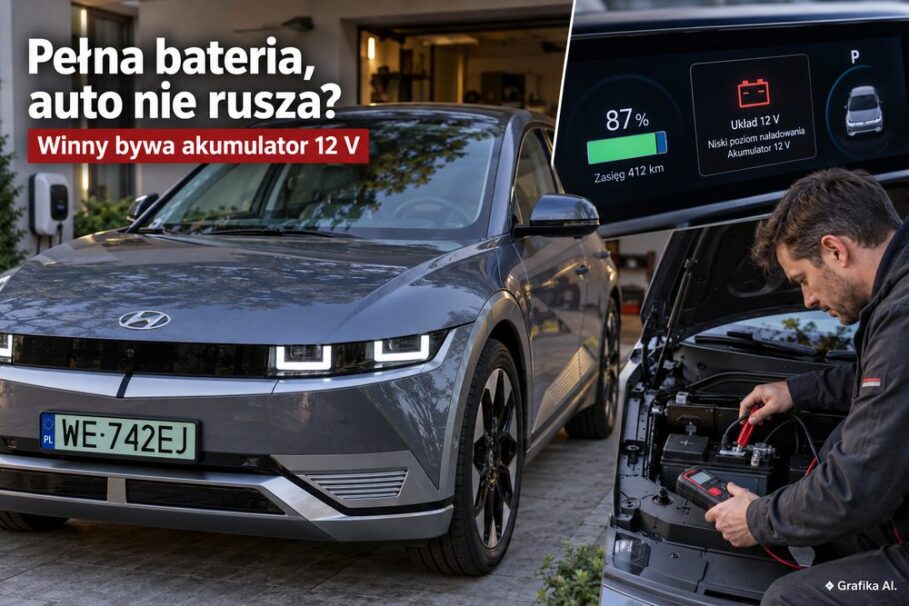 Samochód elektryczny z pełną baterią trakcyjną i diagnostyka akumulatora 12 V